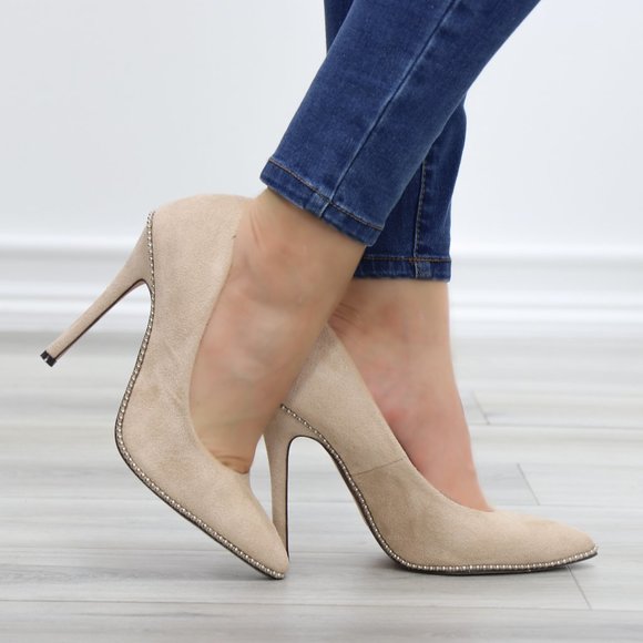 Shoes - Nude Suede High Heel Pumps With Studs